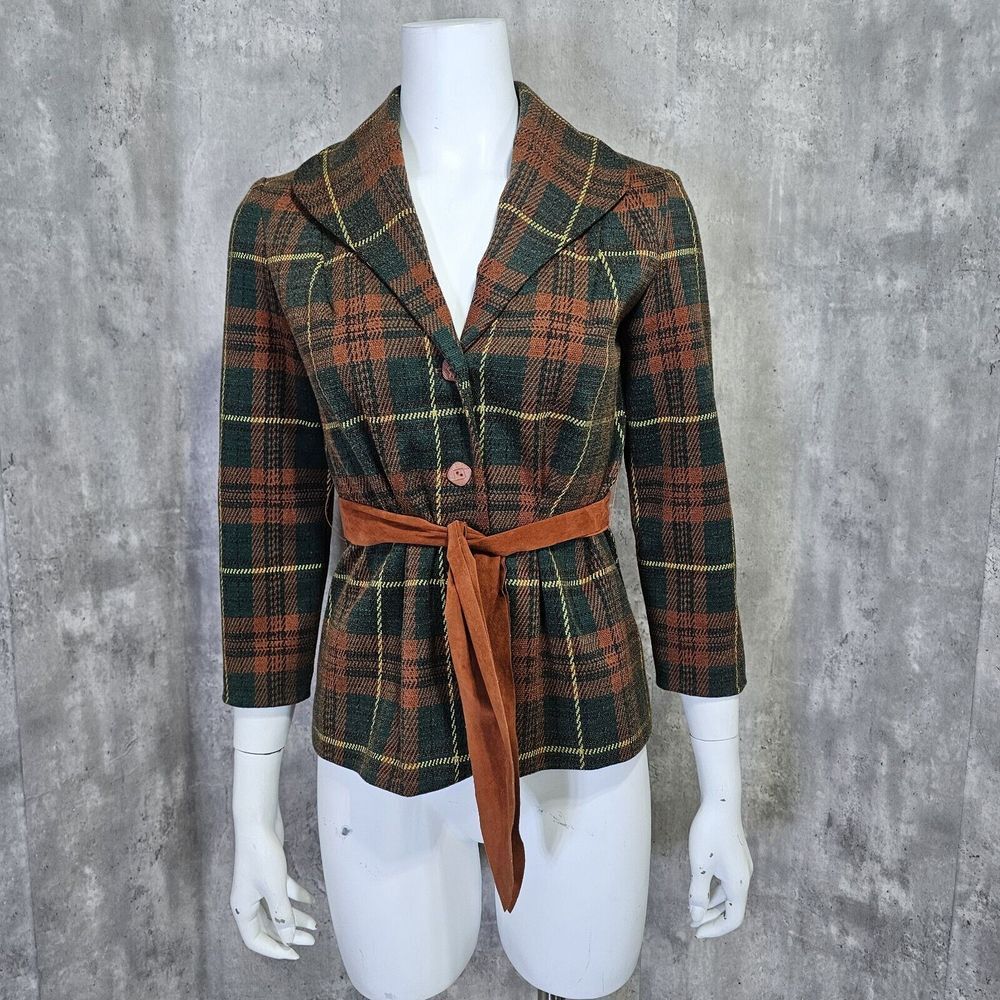 Vintage 70s Donovan Galvani Dallas Dbl‎ Knit Polyester Brown Green Plaid Blazer